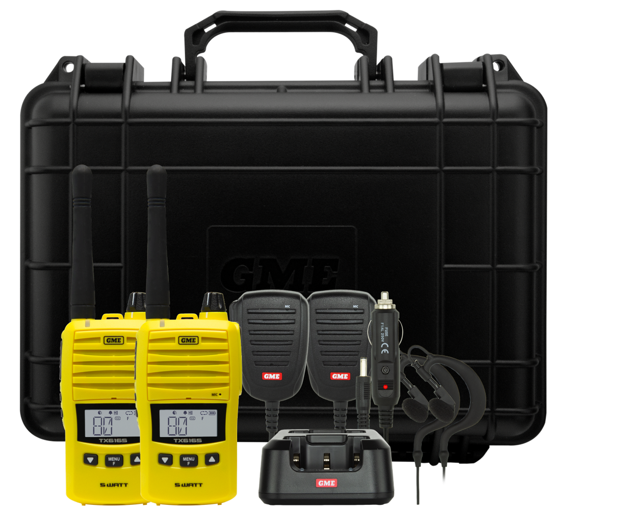 GME TX6165YTP UHF CB Handheld Radio Twin Pack 5/1 Watt with Accessories Yellow