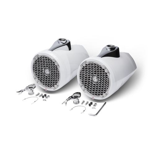 8” Punch Series Marine Wakeboard Tower Speakers with Enclosure & Sports Grille - White