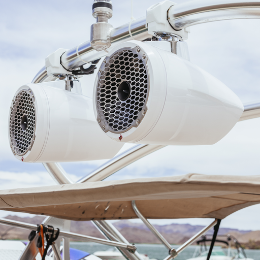 8” Punch Series Marine Wakeboard Tower Speakers with Horn Tweeter, Enclosure & Sports Grille - White