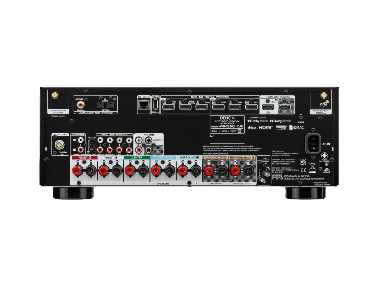 Denon AVR-X2900H 7.2 Channel AV Receiver 7 x 95W, 8K HDMI, 2 Zone, Dual Sub Outputs, Dirac Ready