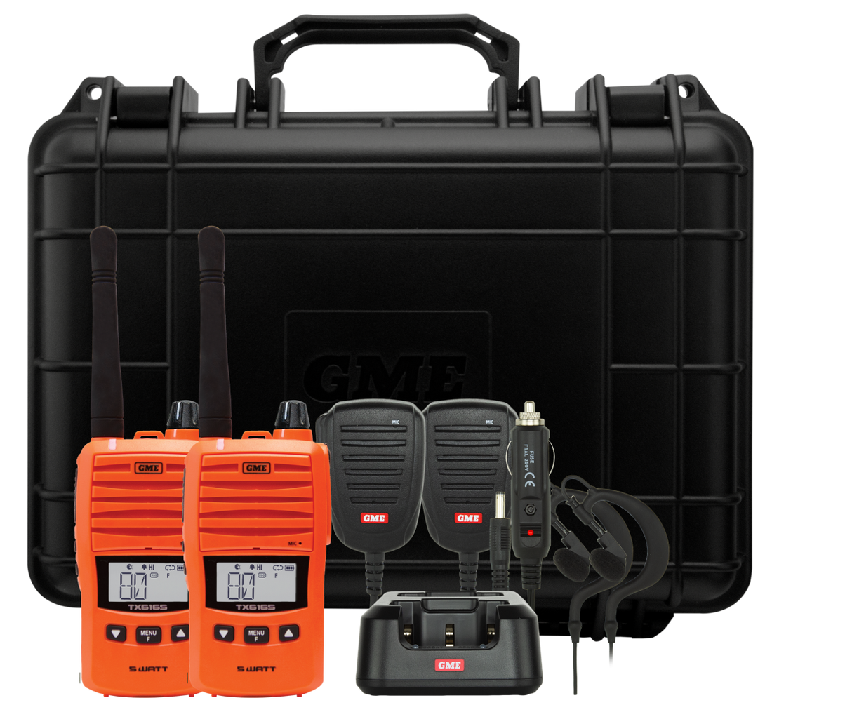 GME TX6165OTP UHF CB Handheld Radio Twin Pack 5/1 Watt with Accessories, Blaze Orange