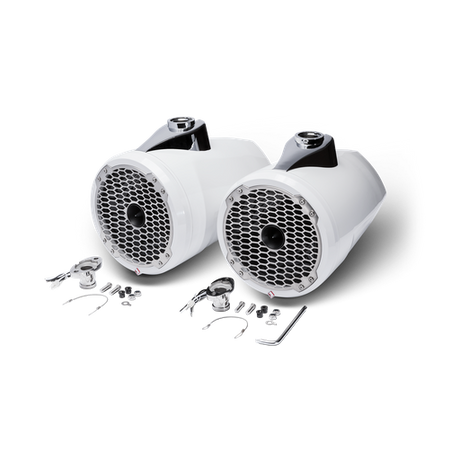 8” Punch Series Marine Wakeboard Tower Speakers with Horn Tweeter, Enclosure & Sports Grille - White
