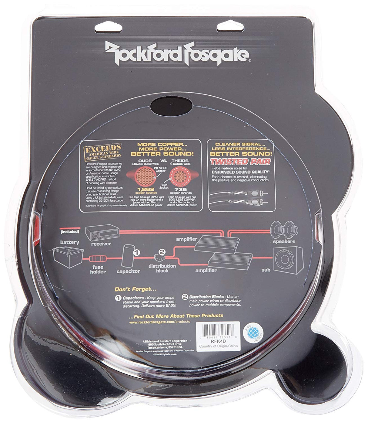 RFK4D 4 Gauge Power Kit w/ Speaker Wire & 2 x 5m RFI Series RCA & Distribution Block
