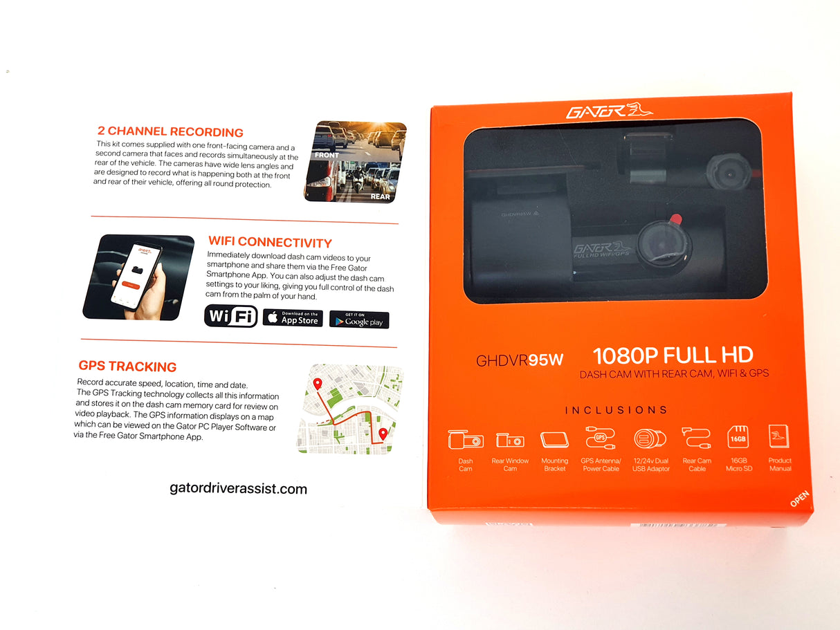 GATOR GHDVR95W 2-CHANNEL 1080P FULL HD DASH CAMERA (16GB)