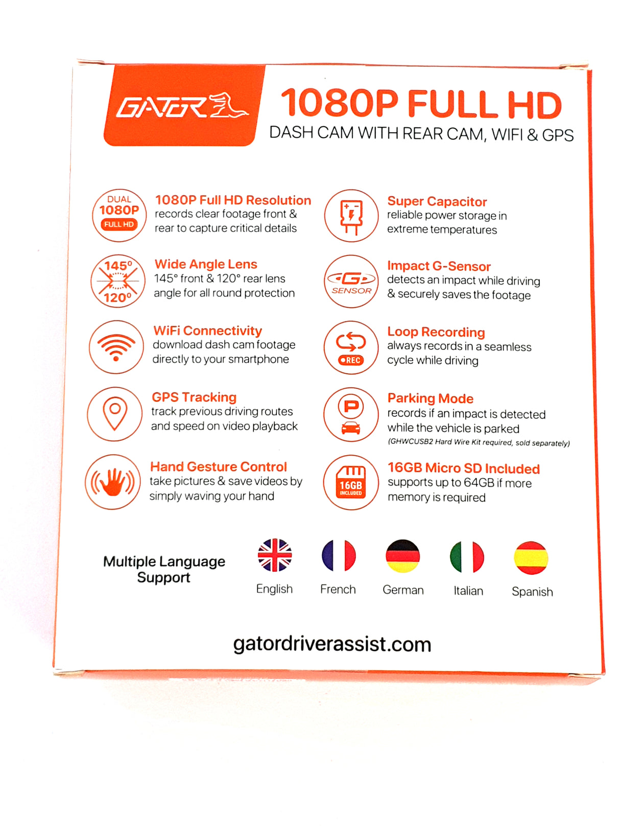 GATOR GHDVR95W 2-CHANNEL 1080P FULL HD DASH CAMERA (16GB)