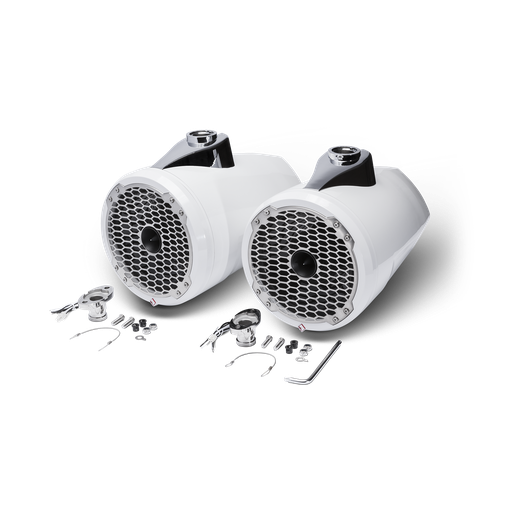 8” Punch Series Marine Wakeboard Tower Speakers with Horn Tweeter, Enclosure & Sports Grille - White